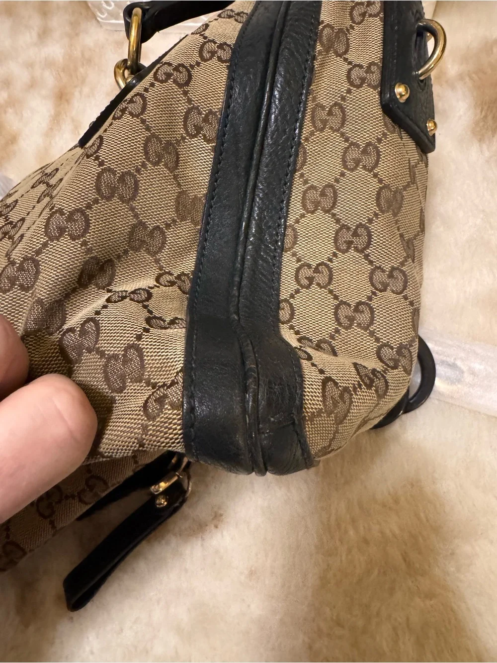 Gucci Brown GG Canvas Tote with Black Leather Trim with COA
